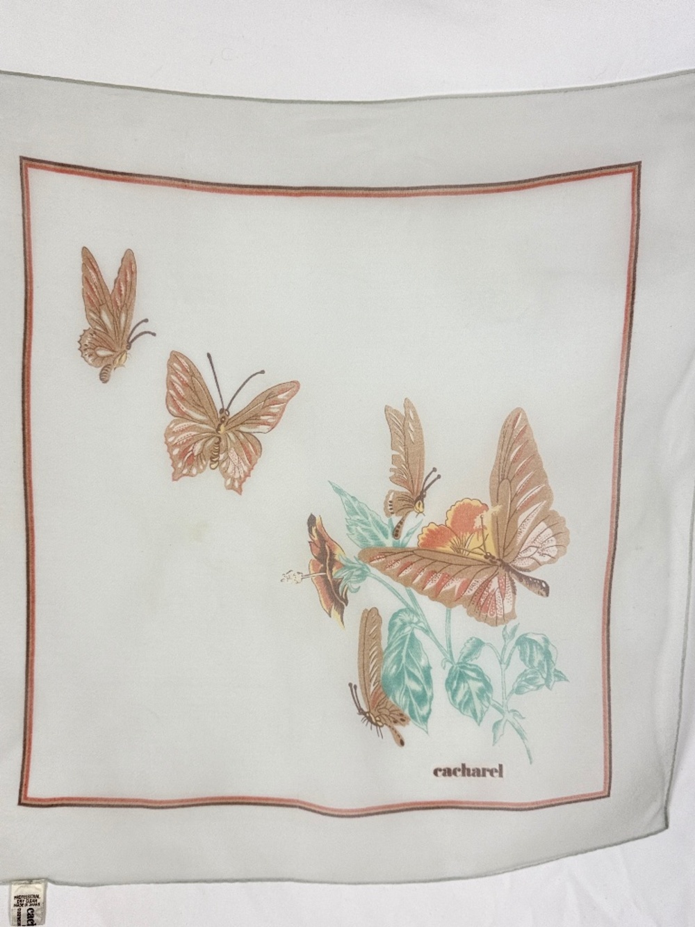 Vintage Cacharel Butterfly Chiffon Scarf 20in Square Green and Brown